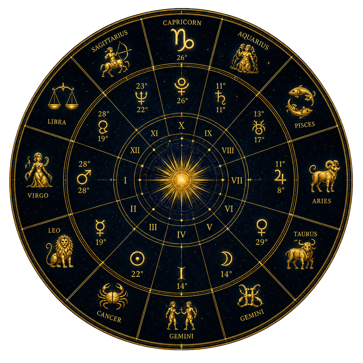 Golden celestial birth chart wheel with zodiac glyphs over a midnight sky